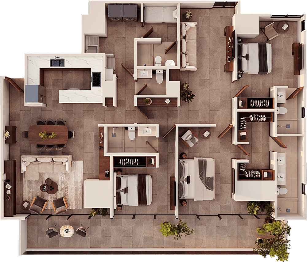 Plano del apartamento Auric tipo A con terraza plus
