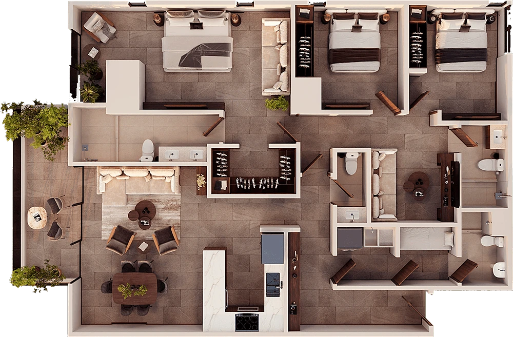 Plano del apartamento Flare tipo B con terraza estándar