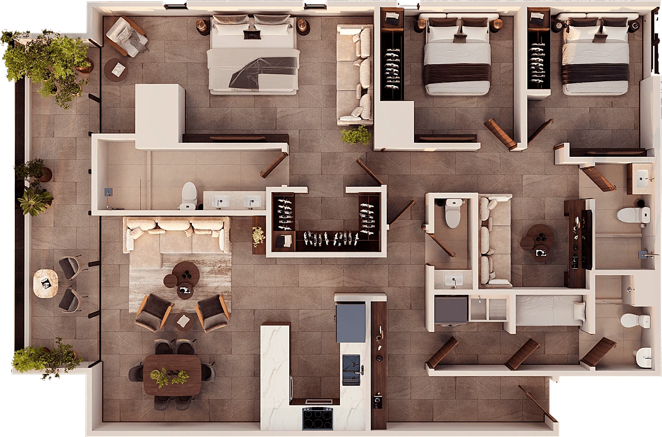 Plano del apartamento Flare tipo B con terraza plus