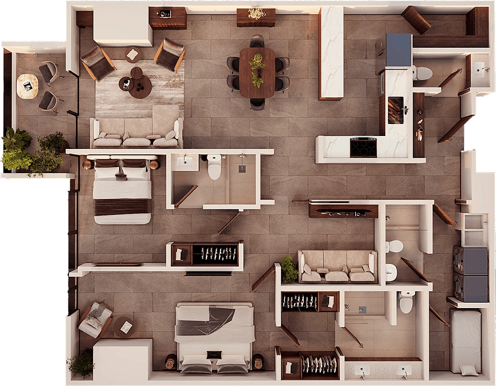 Plano del apartamento Lumi tipo C con terraza estándar