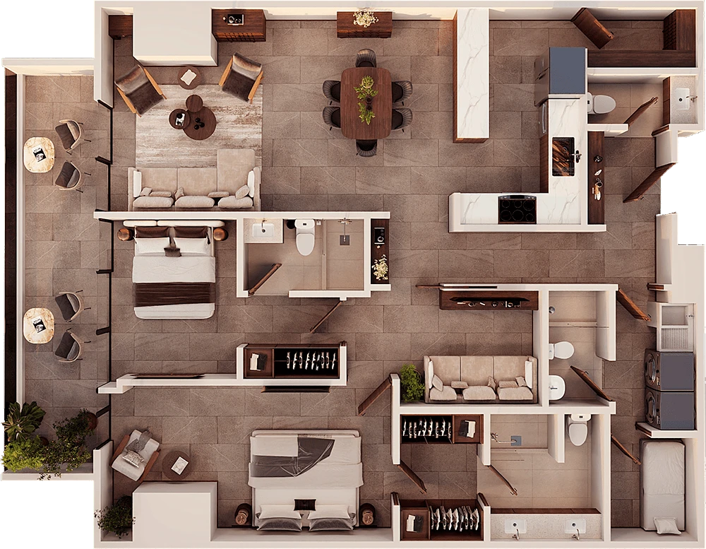 Plano del apartamento Lumi tipo C con terraza plus