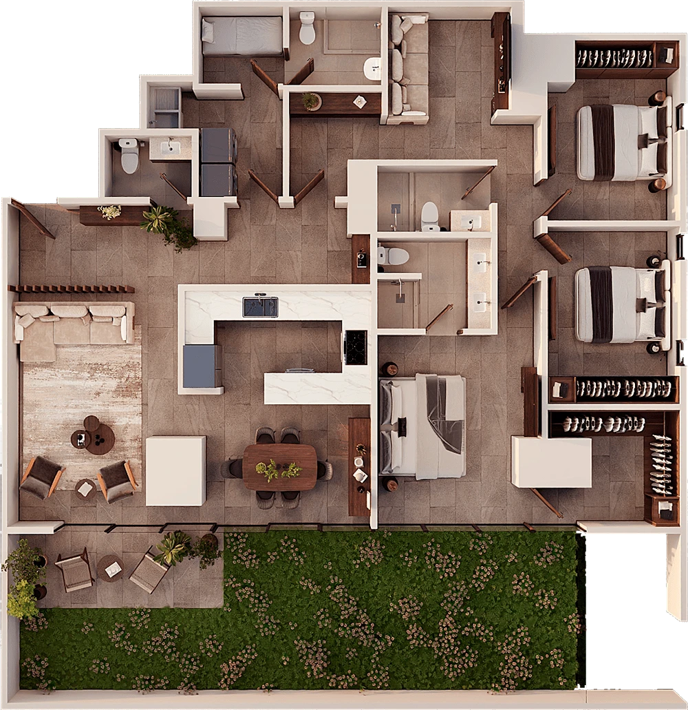 Plano del apartamento Auric tipo A de nivel 5 con jardín